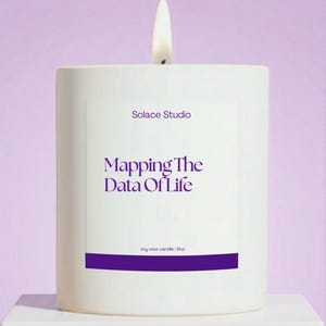 May include: A lit white soy wax candle with the text "Solace Studio" and "Mapping The Data Of Life" in purple. The candle is 9oz and sits on a white surface against a lavender background.