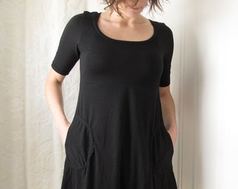 Freya Dress. Scoop Neck. Empire waist. Aline Skirt. Elbow Length Sleeves. Pockets. Bamboo. Cotton. Spandex.