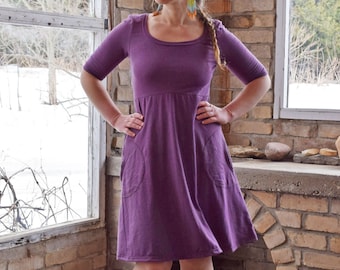 Hemp Freya Dress (Scoop Neck - Empire waist - Aline Skirt - Elbow Length Sleeves - Pockets)