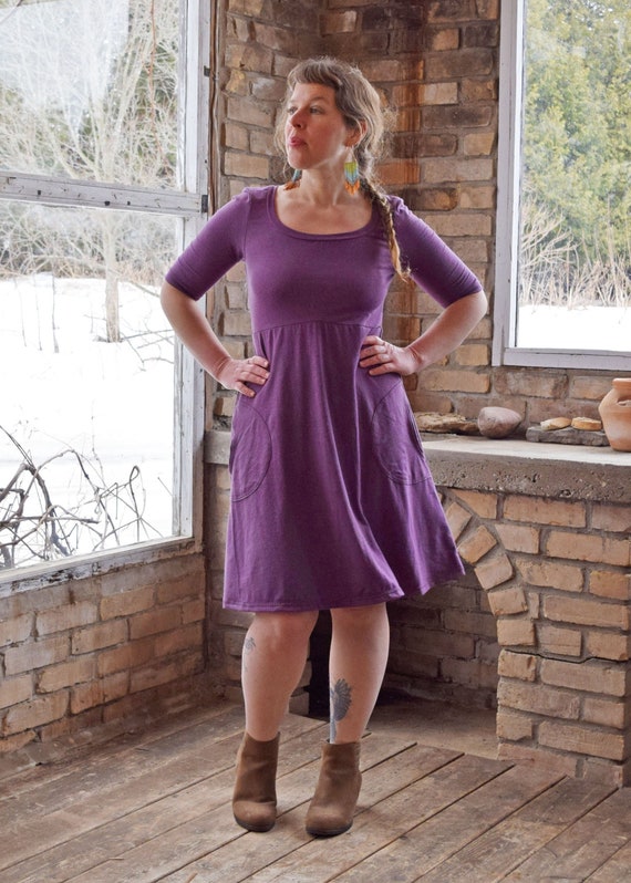 Hemp Freya Dress (Scoop Neck - Empire waist - Aline Skirt - Elbow Length Sleeves - Pockets)