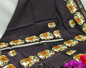 Saree en soie mangalagiri pattu tissé à la main, impression Tanjore, bordure de temple, sari indien léger