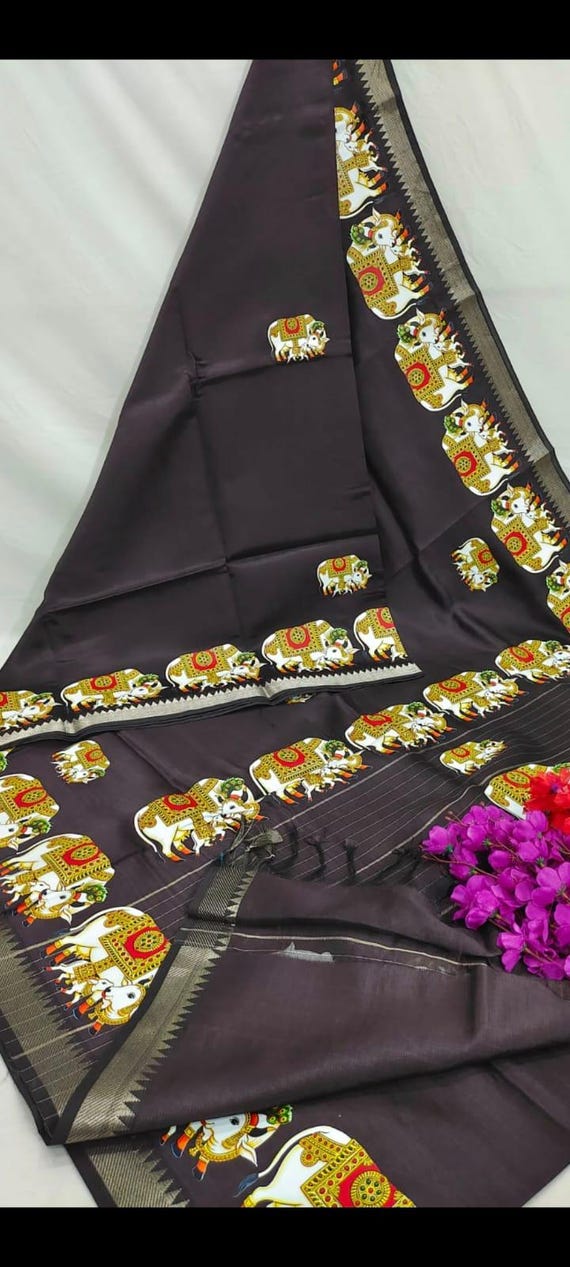Handloom Mangalagiri Pattu Silk Saree, Tanjore Print, Temple Border, Lightweight Indian Saree
