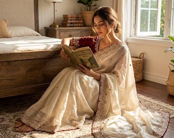 Saree en soie blanche, perles dorées travaillées à la main, broderie Cutdana, sari de créateur pour tenues de fête de mariage
