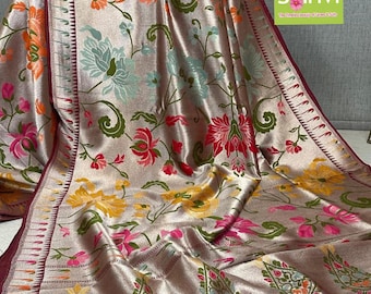 Pure Tussar Georgette Saree, Floral Meena Weaving, Munia Border, Wedding Silk