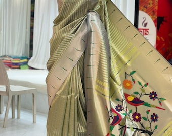 Sari en pure soie Paithani, motif tissé Muniya Buti, sari de mariage traditionnel doux et brillant