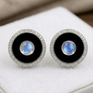 Moonstone Black Onyx Earrings 925 Silver Halo Studs Minimalist Statement Jewelry Gift for Her Elegant Round Stud Earrings