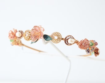 Handmade Vintage Style Floral Headband | Antique Gold & Rose Shimmer Tiara