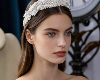 Bridal Soutache Tiara, Pearl Wedding Headband, White Opal Crystal Crown