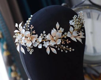 Handmade Blush Floral Bridal Headpiece - Resin Flower & Pearl Hair Vine
