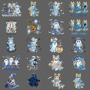 Może przedstawiać: Kolekcja ilustracji o tematyce Halloween z duchami w różnych stylach. Niektóre duchy trzymają lampiony lub noszą kapelusze i kokardy. Tekst zawiera "Spooky Season", "Silly Goose", "Halloween", "Tis The Season" i "Trick or Treat".