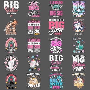 以下が含まれることがあります： グレーの背景に16個のグラフィックデザインがあり、それぞれに「お姉ちゃん」というフレーズとイラストが描かれています。デザインには、動物、虹、ゲームのテーマが含まれており、ピンク、白、その他の色を使用しています。2026年も含まれています。