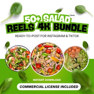 Pode incluir: Uma imagem que promove um pacote de receitas de salada para Instagram e TikTok. O texto diz "50+ SALAD REELS 4K BUNDLE" em verde e branco. S&atilde;o mostradas tr&ecirc;s tigelas de salada, com ingredientes frescos. O texto "READY-TO-POST FOR INSTAGRAM & TIKTOK" tamb&eacute;m est&aacute; inclu&iacute;do.