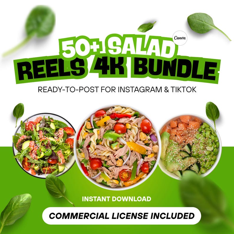 Pode incluir: Uma imagem que promove um pacote de receitas de salada para Instagram e TikTok. O texto diz "50+ SALAD REELS 4K BUNDLE" em verde e branco. S&atilde;o mostradas tr&ecirc;s tigelas de salada, com ingredientes frescos. O texto "READY-TO-POST FOR INSTAGRAM & TIKTOK" tamb&eacute;m est&aacute; inclu&iacute;do.
