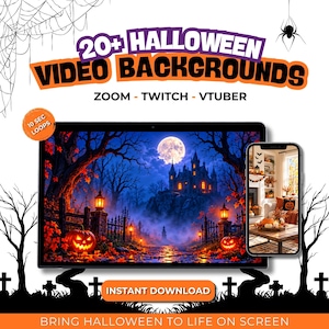 May include: A digital collection of 20+ Halloween video backgrounds for Zoom, Twitch, and VTuber. The display shows a spooky castle scene with a full moon, glowing pumpkins, and autumn trees. Includes a 10-second loop indicator and instant download.