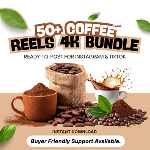 Puede incluir: Un paquete digital con 50+ Coffee Reels 4K Bundle, Ready-to-Post for Instagram & TikTok, Instant Download, Buyer Friendly Support Available. Incluye una taza marrón de café molido, un saco de arpillera con granos de café y una taza blanca con salpicadura.