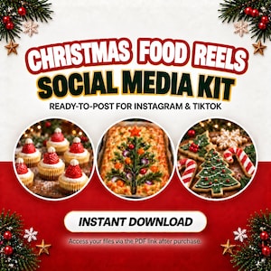 Può includere: Un kit per social media intitolato CHRISTMAS FOOD REELS SOCIAL MEDIA KIT READY-TO-POST FOR INSTAGRAM & TIKTOK. Include tre immagini circolari che mostrano cupcake con cappelli di fragola, una focaccia a forma di albero e biscotti natalizi.