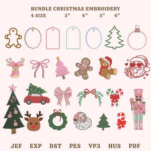 May include: A collection of Christmas embroidery designs, including a gingerbread man, Christmas tree, Santa Claus, and ornaments. The designs are available in 4 sizes: 3", 4", 5", and 6". The text "BUNDLE CHRISTMAS EMBROIDERY" is at the top.