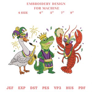 Funny Mardi Gras Animal Embroidery, Crocodile Crawfish Goose Design, Mardi Gras Matching Embroidery Design, Fleur De Lis Fat Tuesday