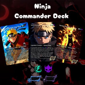 May include: A Ninja Commander Deck set featuring three trading cards with Naruto Uzumaki illustrations in Sage Mode, standard form, and Six Paths form. The cards display text, game mechanics, and legendary creature status. Below are two icons and two frames.