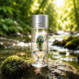 May include: A clear glass cylindrical bottle with a silver screw-top lid containing a preserved frog specimen. The frog skeleton is stained with vibrant blue, purple, and yellow colors, highlighting the bone structure inside the transparent container.