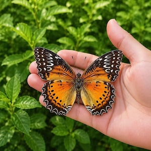 Pu&ograve; includere: Una farfalla con ali di un arancione vibrante caratterizzate da venature nere, bordi marrone scuro e margini bianchi smerlati. Le ali presentano un motivo di piccole macchie nere sulle sezioni inferiori, con un design simmetrico e antenne sottili.