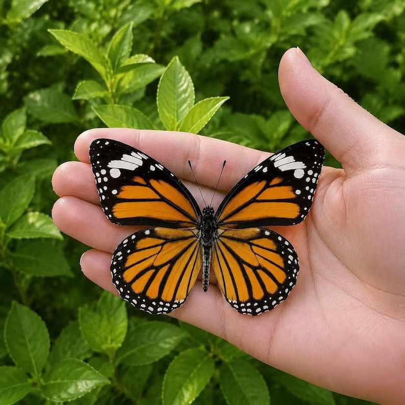Pu&ograve; includere: Una farfalla monarca con ali color arancione vivace, venature nere e bordi neri con macchie bianche. La farfalla &egrave; mostrata con le ali completamente spiegate, mettendo in risalto il motivo simmetrico delle ali e il corpo nero sottile.