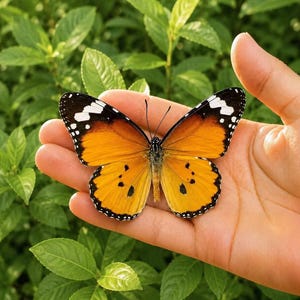 Pu&ograve; includere: Una farfalla con ali color arancione vibrante con bordi neri, macchie bianche e piccoli segni neri sulle ali inferiori. L'insetto presenta antenne sottili e un corpo snello, mostrando un motivo simmetrico sulle ali spiegate.