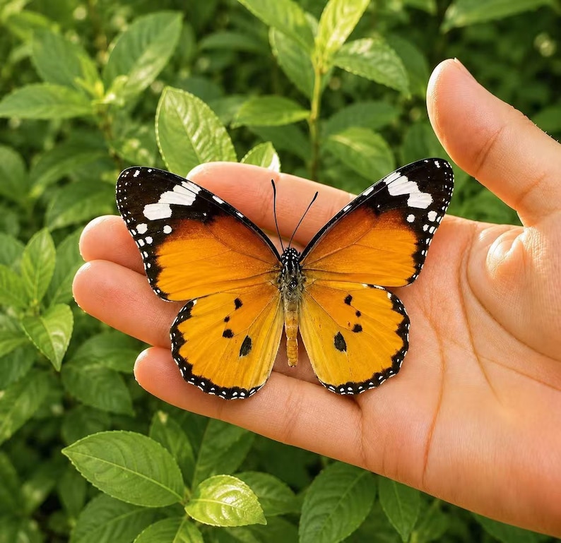 Pu&ograve; includere: Una farfalla con ali color arancione vibrante con bordi neri, macchie bianche e piccoli segni neri sulle ali inferiori. L'insetto presenta antenne sottili e un corpo snello, mostrando un motivo simmetrico sulle ali spiegate.