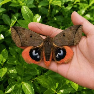 Puede incluir: Una polilla con grandes alas superiores marrones con pequeñas manchas oscuras y alas inferiores de color naranja vibrante marcadas con prominentes patrones circulares en blanco y negro. El insecto tiene un cuerpo marrón oscuro difuso y antenas delgadas, mostrando un contraste distintivo entre los tonos marrones terrosos y la coloración naranja brillante de sus alas.