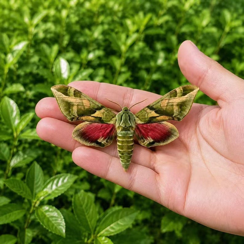 Pu&ograve; includere: Una falena con ali anteriori a motivi verde oliva e marrone chiaro e ali posteriori di un vibrante rosa magenta. L'insetto ha un corpo segmentato verde chiaro e antenne sottili, mostrando un netto contrasto di colore tra le sezioni.