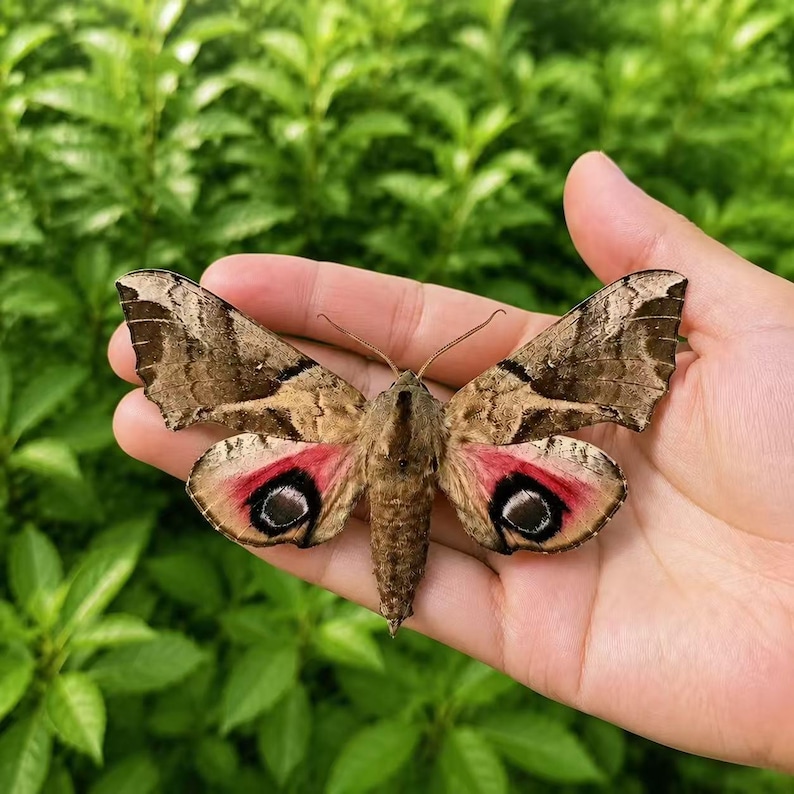 Pu&ograve; includere: Una falena con ali a motivi marroni, marrone chiaro e beige, caratterizzata da macchie rosa prominenti e ocelli circolari scuri sulle ali inferiori. L'insetto ha un corpo peloso e antenne sottili, con venature e segni alari molto dettagliati.