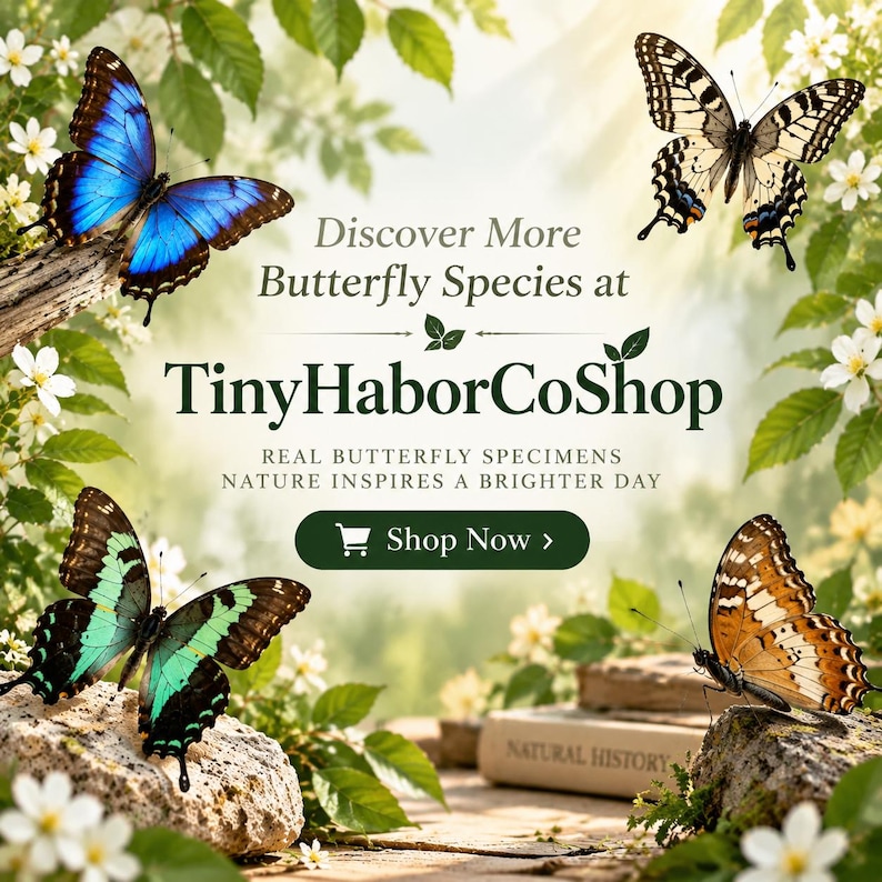 Pu&ograve; includere: Quattro farfalle nei colori blu, giallo, nero e verde sono disposte attorno al testo Discover More Butterfly Species at TinyHaborCoShop, REAL BUTTERFLY SPECIMENS, NATURE INSPIRES A BRIGHTER DAY e al pulsante Shop Now.