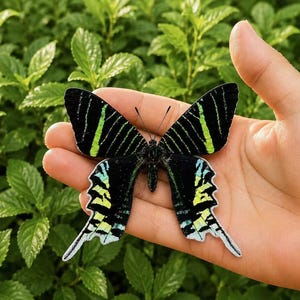 Pu&ograve; includere: Una farfalla con ali nere caratterizzate da vivaci strisce orizzontali verde lime e blu-verde iridescente. Le ali superiori hanno bordi dritti, mentre quelle inferiori presentano code allungate e smerlate con un bordo bianco sul fondo.