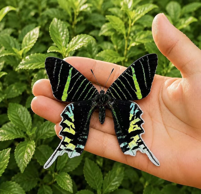 Pu&ograve; includere: Una farfalla con ali nere caratterizzate da vivaci strisce orizzontali verde lime e blu-verde iridescente. Le ali superiori hanno bordi dritti, mentre quelle inferiori presentano code allungate e smerlate con un bordo bianco sul fondo.