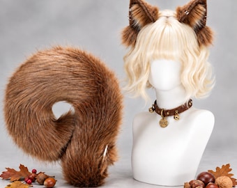 Cosplayset med ekorreöron och svans, Kemonomimi-huvudband i fuskpäls, kostym med böjt skogsdjur, tillbehör till Halloween-konferensen med päls