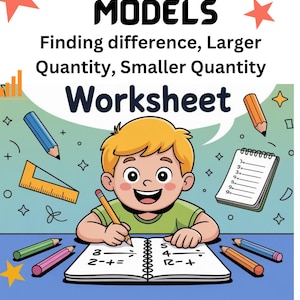 Puede incluir: Hoja de trabajo educativa titulada COMPARISON MODELS Finding difference, Larger Quantity, Smaller Quantity Worksheet con un personaje de dibujos animados escribiendo en un cuaderno rodeado de lápices, una regla y un bloc de notas. Incluye Download Instantly.