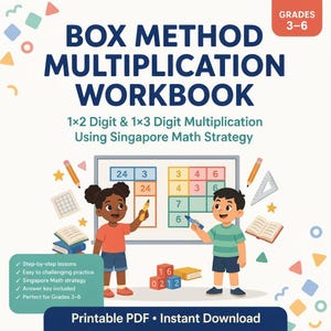Könnte beinhalten: Ein Arbeitsbuch zur Multiplikation mit der Box-Methode für die Klassen 3-6 unter Verwendung der Singapur-Mathe-Strategie. Das Cover zeigt zwei Kinder, die mit Stiften Matheaufgaben an einer Tafel lösen, umgeben von Büchern, Blöcken und geometrischen Formen. Der Text enthält "Printable PDF - Instant Download" und eine Liste der Funktionen.