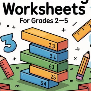 Puede incluir: Hojas de trabajo tituladas Bar Modeling Worksheets For Grades 2-5. El gráfico presenta una pila de cinco barras rectangulares de colores etiquetadas con los números 13, 3.1, 61, 25 y 34, rodeadas de símbolos matemáticos, lápices y una regla.