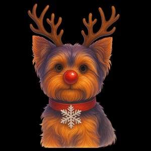 May include: A digitally painted Yorkshire Terrier with brown and orange fur, wearing reindeer antlers and a red nose. It has a red collar with a snowflake pendant, set against a black background. A festive holiday image.
