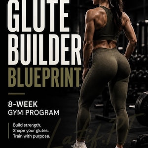 以下が含まれることがあります： フィットネスプログラムを宣伝する画像。「GLUTE BUILDER BLUEPRINT」と「8-WEEK GYM PROGRAM」の文字。アスレチックウェアを着た女性が後ろ姿で写っており、臀部の筋肉を強調。プログラムは、筋力アップ、臀部のシェイプアップ、目的を持ったトレーニングを約束しています。