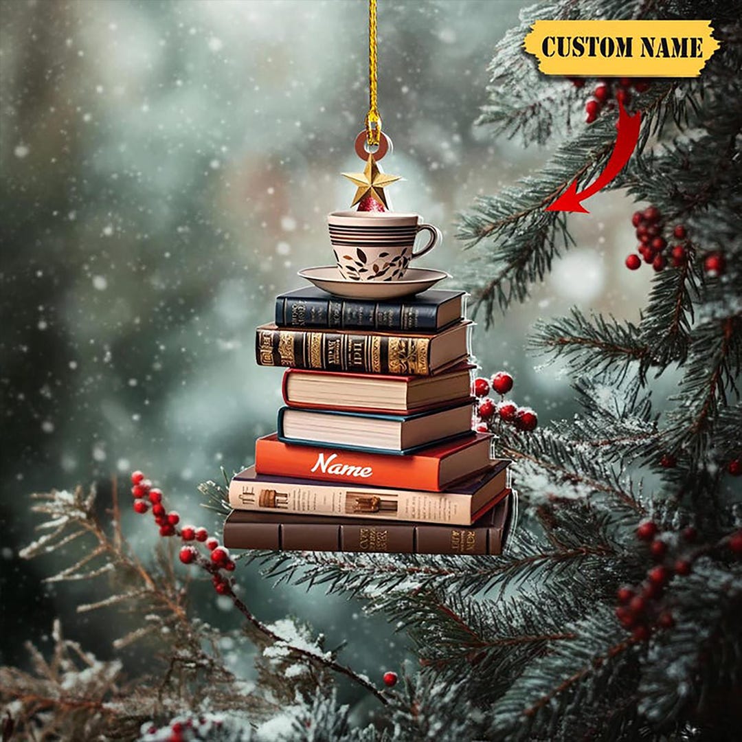 Personalized Book Stack Ornament, Custom Name Coffee Cup Christmas ...