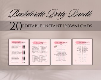 May include: A digital download bundle for a bachelorette party. The image features four pink and white game sheets with titles like "Newlywed Challenge" and "Drink Up." The text "Bachelorette Party Bundle" is at the top.