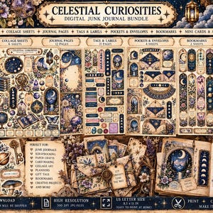 以下が含まれることがあります： Celestial Curiositiesというタイトルのデジタルジャンクジャーナルバンドル。月、太陽、星、花、ヴィンテージ風のイラストなど、天体をテーマにしたグラフィックが、スタンプやコラージュ素材、ジャーナルページのシートに多数描かれています。