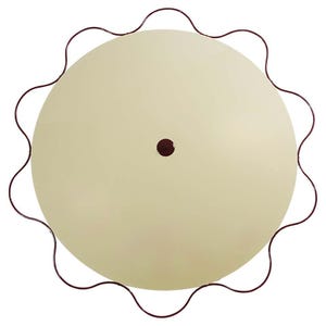May include: A cream-colored, round ceiling light fixture with a dark brown, wavy edge. The light has a small, dark brown center. The fixture is designed to be mounted on a ceiling and provides ambient lighting.