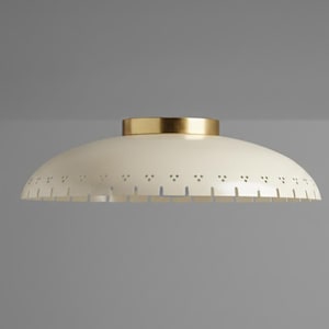 May include: Cream-colored, dome-shaped ceiling light fixture with a gold-colored band at the top. The light has a series of small, evenly spaced holes along the bottom edge. The fixture is a mid-century modern design.