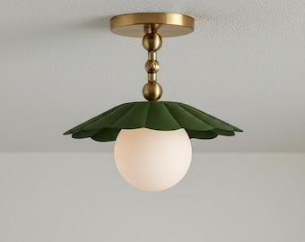 Handmade Brass Semi Flush Mount Light with Frosted Globe Shade