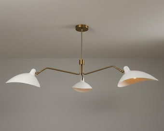 Mid Century Brass Chandelier, Modern 3-Arm Ceiling Fixture, Luxury Pandant Light