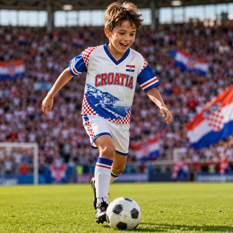 May include: A white soccer jersey with blue sleeves, red and white checkered trim, and the word CROATIA printed in red across the chest. The jersey features a blue landscape graphic, a small Croatian flag emblem, white shorts, and white socks.