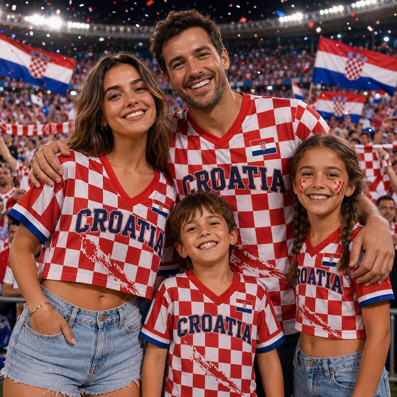 Puede incluir: Un grupo de camisetas de f&uacute;tbol de Croacia a cuadros rojos y blancos a juego con cuello en V, mangas cortas y la palabra CROATIA impresa en azul oscuro en el pecho. Cada camiseta presenta una peque&ntilde;a bandera croata en el pecho izquierdo.