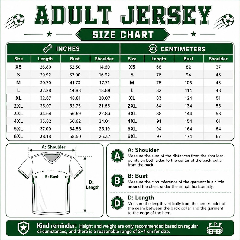 Puede incluir: Una tabla de tallas para camisetas de adulto con medidas en pulgadas y cent&iacute;metros para las tallas de la XS a la 6XL. Incluye un diagrama de una camiseta con cuello en V con puntos de medici&oacute;n A, B y D e instrucciones para medir.